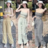 Set đồ bộ nữ áo cúp ngực nhún lai bèo mix quần ống rộng họa tiết sọc caro siêu xinh, cute dành cho các nàng đi chơi, dạo