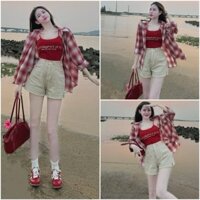 Sét đồ bộ nữ áo hai dây in chữ mix quần đùi phối kèm áo khoác sơ mi sọc caro dành cho các nàng mặc nhà, đi chơi xinh xắn