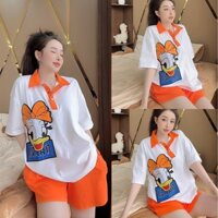 Set đồ bộ nữ áo thun thêu vịt + quần đùi rộng đi chơi đi dạo phố