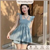 Set Đồ Bộ Nữ BigSize Bộ babaydoll ÁO JEAN BÍNH + QUẦN ĐÙI dễ thương Top Women
