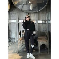 Sét đồ bộ nữ chất nỉ không nón có khóa kéo, có túi, phối 3 sọc in logo mặc đi dạo, mặc ấm