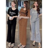 Set đồ bộ nữ cotton in chữ quần dài ống suông rộng