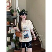 Set Đồ Bộ Nữ Dáng Lửng Chất Tăm Lạnh, Áo Form Rộng In hình LABUBU