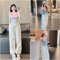 Sét đồ bộ nữ gồm áo kiểu 2 dây mix cổ yếm phối quần dài ống rộng dành cho các nàng diện đi chơi, chụp hình siêu xinh.
