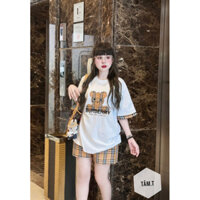 Set đồ bộ nữ gồm áo phông gấu phối quần đùi kẻ caro hot hit