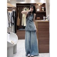 Set đồ bộ nữ jean xanh nhạt thiết kế kiểu gồm áo ba lỗ cổ tròn phối quần dài ống rộng cạp cao trơn JU29