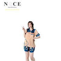 Set đồ bộ nữ mặc nhà, Pijama lụa xước thiết kế Đồ ngủ cao cấp NICE Họa tiết BEAR Freesize 40kg - 60kg Đùi MC016