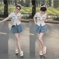 Sét đồ bộ nữ quần jean ngắn ống rộng xếp ly phối áo thun borip tay ngắn khóa kéo năng động và trẻ trung