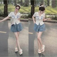 Sét đồ bộ nữ quần jean ngắn ống rộng xếp ly phối áo thun borip tay ngắn khóa kéo năng động và trẻ trung