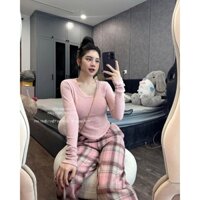 Sét Đồ Bộ Nữ, Sét Áo Đuôi Tôm Tay Dài Mix Quần Dạ Suông Kẻ Caro Nhung Dày Dặn