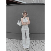 Set đồ bộ nữ Thun Gân áo Croptop,quần kaki cao ống rộng Thời Trang