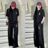 set đồ bộ nữ,áo cộc tay nữ phối kẻ viền thêu hình chuột micky dễ thương mix quần suông ống rộng siêu hot B476