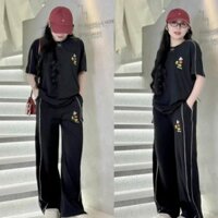 set đồ bộ nữ,áo cộc tay nữ phối kẻ viền thêu hình chuột micky dễ thương mix quần suông ống rộng siêu hot B476