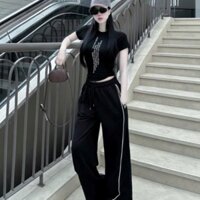 set đồ bộ nữ,áo thun body nữ ngắn tay in chữ mix quần suông ống rộng chạy sọc viền siêu hack dáng B511