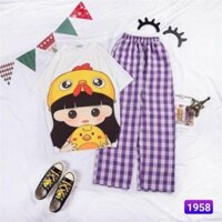Set đồ bộ quần caro vải kate cartoon hoạt hình .Unisex form rộng Xưởng Giá Gốc