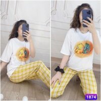 Set đồ bộ quần caro vải kate cartoon hoạt hình .Unisex form rộng Xưởng Giá Gốc