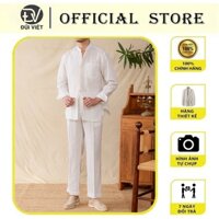 Set đồ bộ sơ mi dài tay nam ĐŨI VIỆT mix quần suông vải Linen mềm mịn mặc đi chơi đi biển
