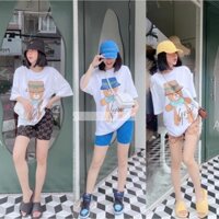 Set Đồ Bộ Thun Đùi Kiểu Dáng Thể Thao Năng Động Hoạ Tiết Gấu Dễ Thương