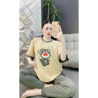 Set đồ bộ thun gân quần dài , áo ngắn tay viền thêu chú gấu xinh lung linh , vải mềm mặc nhà ,dạo phố