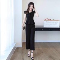 SET ĐỒ BỘ TRUNG NIÊN ÁO TAY LỠ PHỐI REN KÈM QUẦN SUÔNG ỐNG RỘNG BIG SIZE, SET bộ dạo phố đồ mặc nhà xinh xắn - Đen - 4XL