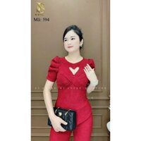 Sét đồ bộ trung niên cho mẹ áo tay lỡ xếp phồng trái tim đính ngọc phối quần dài ống đứng sang trọng