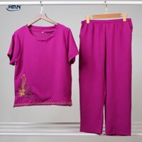 Set đồ bộ trung niên nữ áo thun tay ngắn thêu hoa phối viền và quần Dài vải đũi linen mềm mịn - HMN Fashion