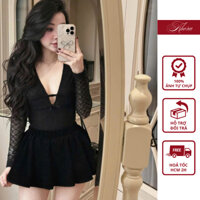 Set Đồ Body Ren Tay Dài Cổ Chữ V Gợi Cảm Kèm Chân Váy Nhung Dáng Xòe - Ahora
