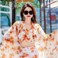 Set đồ bơi Lala Bikini, Áo tắm biển cho nữ phong cách hàn quốc 3 mảnh có khăn choàng họa tiết xinh xắn B66