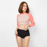 Set Đồ Bơi Quần Short Đen Áo Croptop Nude Tay Màu Cam