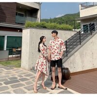 Set đồ cặp đi biển hè ❤️FREESHIP❤️ Áo sơ mi Váy đôi hoa đi biển AV54