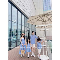 Set đồ cho cả gia đình ba mẹ bé trai và bé gái kẻ xanh đi tiệc
