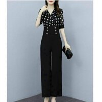 Set Đồ Công Sở Nữ, Bộ Đồ Áo Chấm Bi Cố V Tay Ngắn Phối Quần Suông Ống Rộng Cho Nàng Thanh Lịch H28