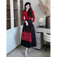 SÉT ĐỒ CÔNG SỞ SANG CHẢNH☺️ÁO THUN TĂM CỔ TRÒN TAY DÀI KẾT HỢP CHÂN VÁY KAKI SUÔNG DÀI ĐÍNH NÚT,KÈM NỊT🫰đi làm,mê luôn😍