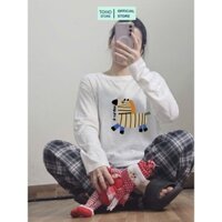 Sét đồ dài tay nữ quần kẻ ô thu đông in hình thời trang TOHOSTORE, bộ mặc nhà thu đông phom quần suông hách dáng