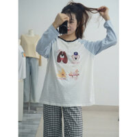 Sét đồ dài thu đông nữ quần ống rộng kẻ caro áo dài tay thun giấy siêu xinh Menina_studio, sét dài tay nữ form rộng cott