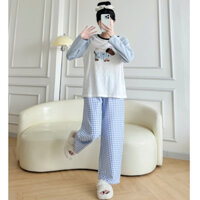 Sét đồ dài thu đông nữ quần ống rộng kẻ caro áo dài tay thun giấy siêu xinh Menina_studio, sét dài tay nữ form rộng cott