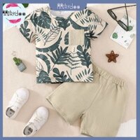 Set Đồ Đi Biển 2 Món Gồm Áo Thun Tay Cộc + Quần Có Túi Ngực In Họa Tiết Lá Cây Cho Bé Trai 4-7 Tuổi