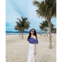 Set đồ đi biển-áo trễ vai xanh chân váy đũi trắng đẹp lắm luôn nha.