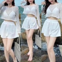 Set đồ đi biển chất len ren áo tay dài và quần đùi kèm áo trong bra cực xinh cho nữ đi biển năng động