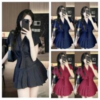 SÉT ĐỒ ĐI CHƠI, DẠO PHỐ SIÊU XINH 🥰CHẤT KAKI SỌC ❣️ÁO TAY CON KÈM NƠ KẾT HỢP CHÂN VÁY(CÓ QUẦN TRONG)dễ thương, trẻ trung