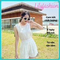 Set đồ đi chơi, đi biển cho nữ, áo sát nách, quần đùi, chất liệu đũi tơ cao cấp màu trắng