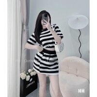 Set Đồ Đi Chơi Thun Sọc Trắng Đen Áo Kiểu Kèm Chân Váy ĐYêu TTST0033