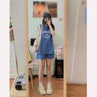 Set Đồ Độ Bộ Mặc Nhà Nữ Chữ NGCEST - Đồ Ngủ- Áo Thun Unisex Cotton 3 lỗ Tank Top Phối Quần Short Đùi - XÁM XANH - FREESIZE