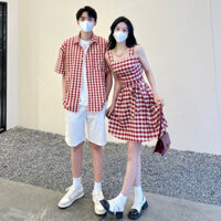 Set đồ đôi áo sơ mi nam váy hai dây nữ caro kẻ đỏ có áo croptop trắng bên trong hàng Quảng Châu cao cấp C041