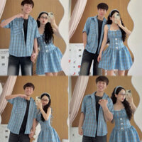 Set đồ đôi-Áo váy sơ mi cặp đôi váy nữ 2 dây họa tiết caro xanh-đồ đôi hè xinh xắn😍