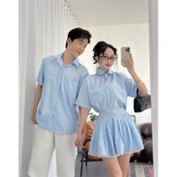 Set đồ đôi caro sọc xanh trắng, áo chân váy nữ phối ren duyên dáng