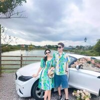 Set đồ đôi couple- Áo váy cặp đôi tình nhân đi biển loang xanh bẹt vai dễ thương-