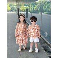 Set đồ đôi đi biển cho bé trai bé gái KAMACA hoa , size 1 đến 10 tuổi, Chất liệu đũi Nhật cao cấp