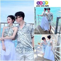 Set đồ đôi đi biển họa tiết vân chất mềm có tách lẻ, Áo yếm xoắn ngực kèm chân váy + sơ mi nam form rộng - LUNA