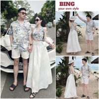Set Đồ Đôi Đi Biển Họa Tiết, Áo yếm kèm chân váy xoè dài maxi cạp cao + áo sơ mi nam cộc tay siêu hot - BING SETDOI01